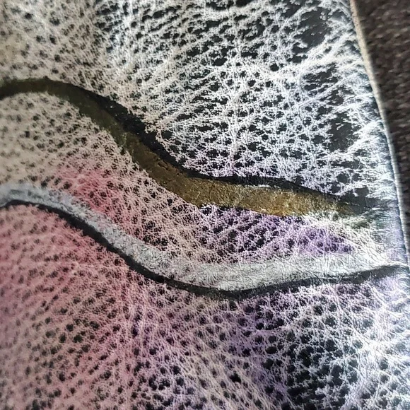 VINTAGE 80S 90s LARGE WRISTLET BAG CONTEMPORARY HAND PAINTED LEATHER BRIT Signed - Picture 5 of 11